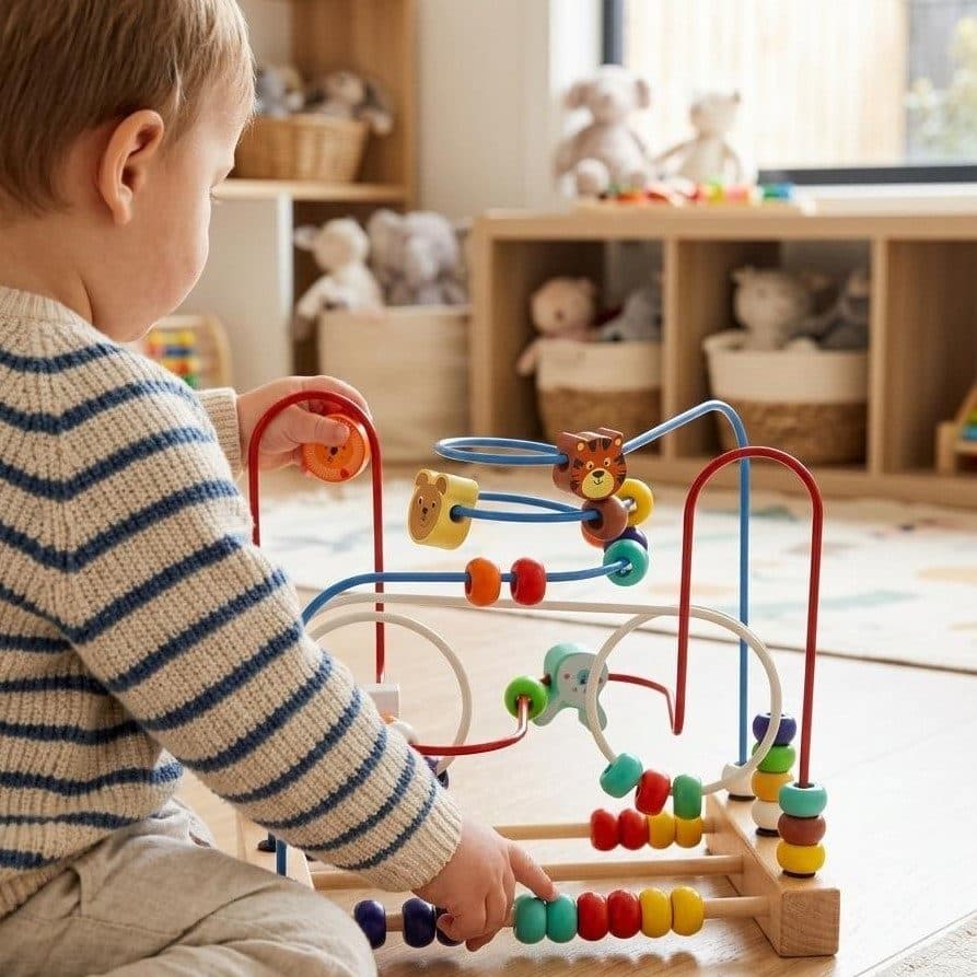 بازی آموزشی مسیریاب چوبی (Bead Maze) رنگارنگ با مسیرهای سیمی پرپیچ‌وخم